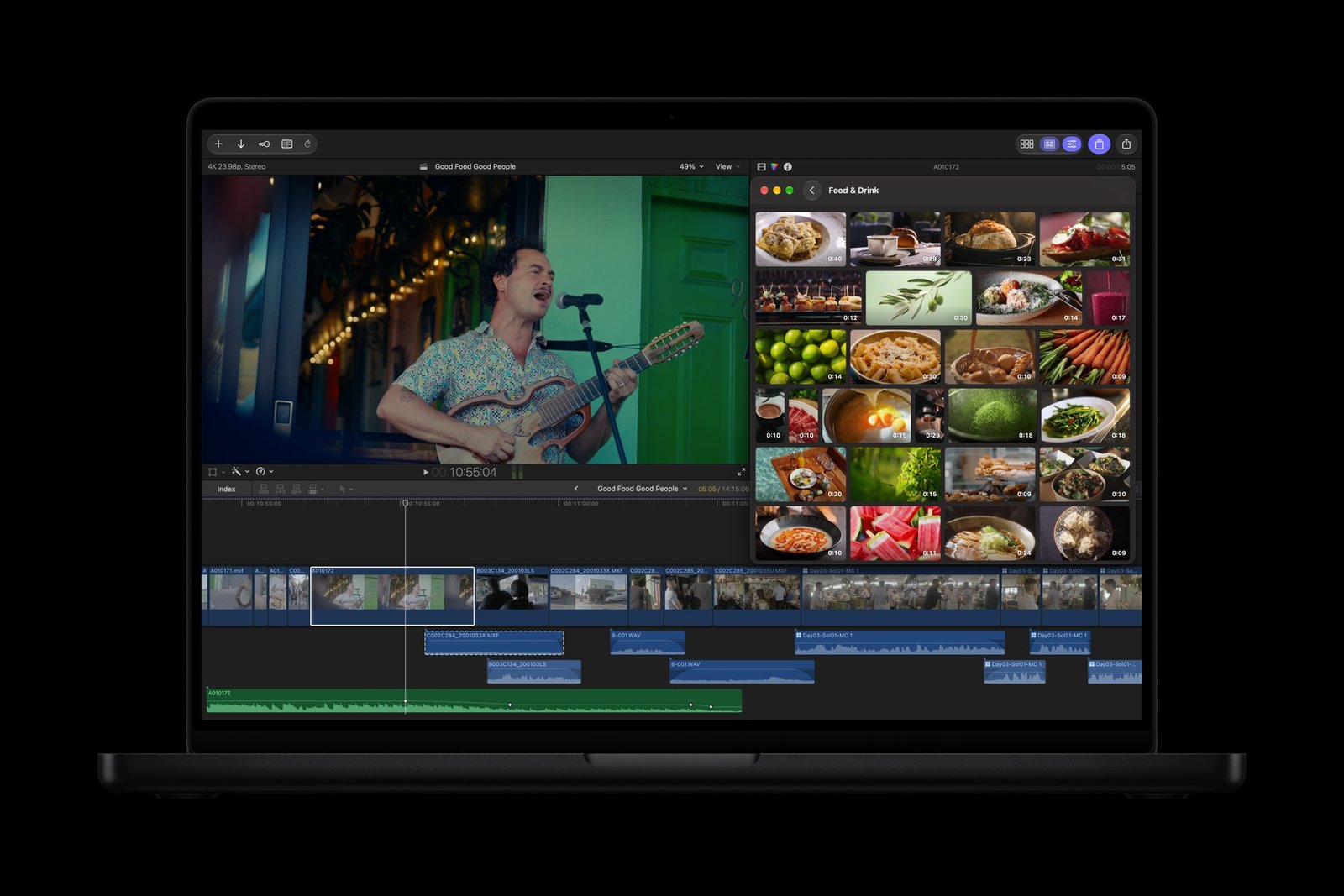 Final Cut Pro trong Apple Creator Studio hiển thị thư viện tư liệu video