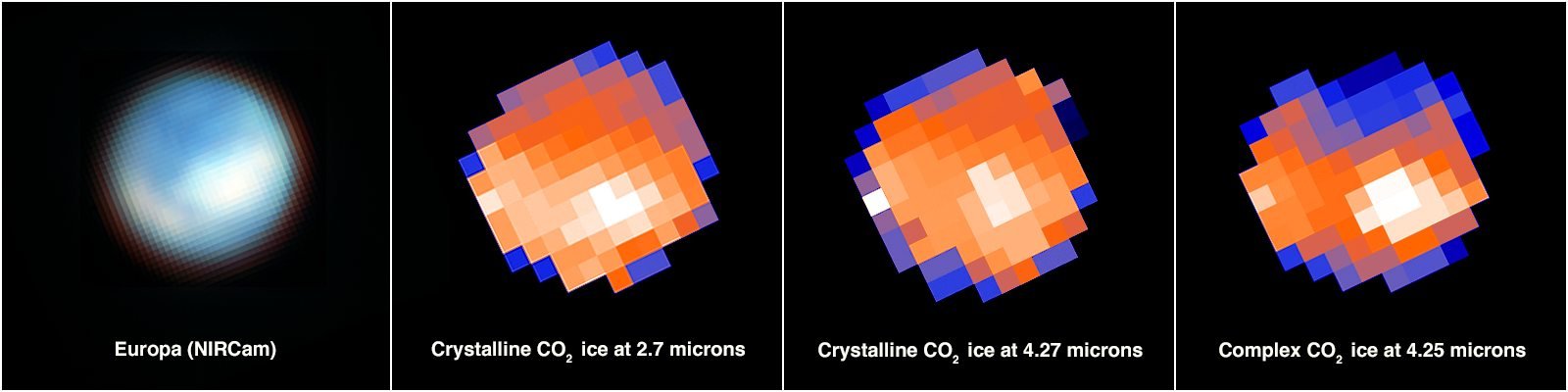Ảnh quan sát và bản đồ thành phần carbon dioxide trên Europa từ dữ liệu Webb năm 2023