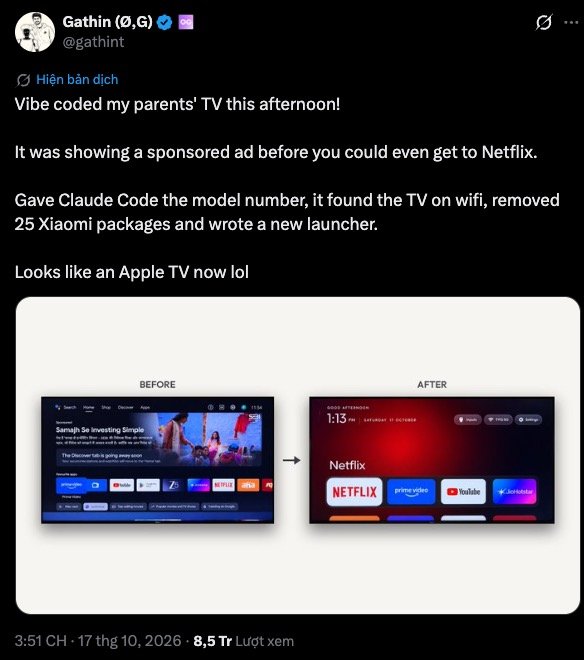 Bài đăng của Gathin so sánh giao diện Android TV trước và sau khi dùng AI hỗ trợ