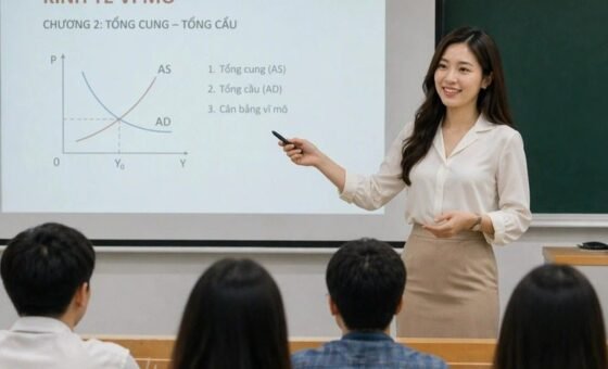 Giảng viên đứng trước bảng hướng dẫn sinh viên trong lớp học