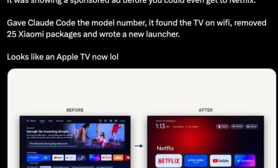 Bài đăng của Gathin so sánh giao diện Android TV trước và sau khi dùng AI hỗ trợ