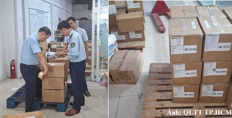 Lực lượng chức năng kiểm tra các thùng hàng tại cơ sở kinh doanh